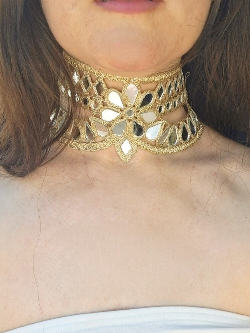 Handmade Gold Floral Mirror Sequin Statement Choker Necklace Festival Boho Vacay